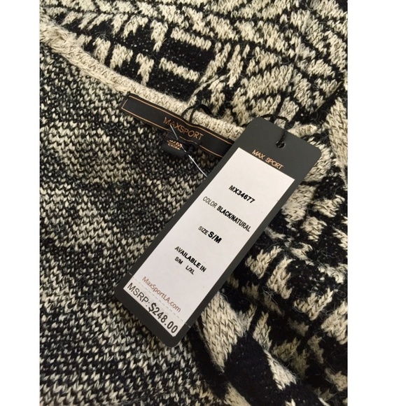 NWT Max Sport Geometric Knit Poncho Cape Fringe Open Front S/M Black Beige $250 - Picture 10 of 12